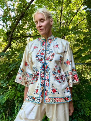 Vintage 1950s Deadstock Chinese Botanical Embroidered Ivory Silk Satin Pyjama Jacket and Pant Set S or M