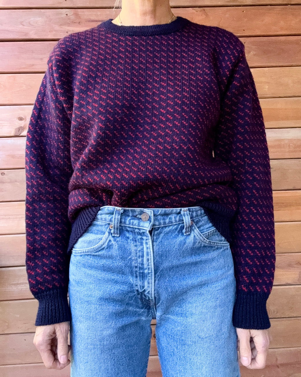 Vintage Birdseye Aran Sweater Market Navy and Red Wool Crew Neck Sweater Made in Ireland