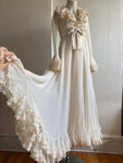 Vintage 1970s Oscar De La Renta Empire Waist Silk Chiffon & Lace Evening Gown Dress with Ruffles and Trumpet Sleeves XS 2