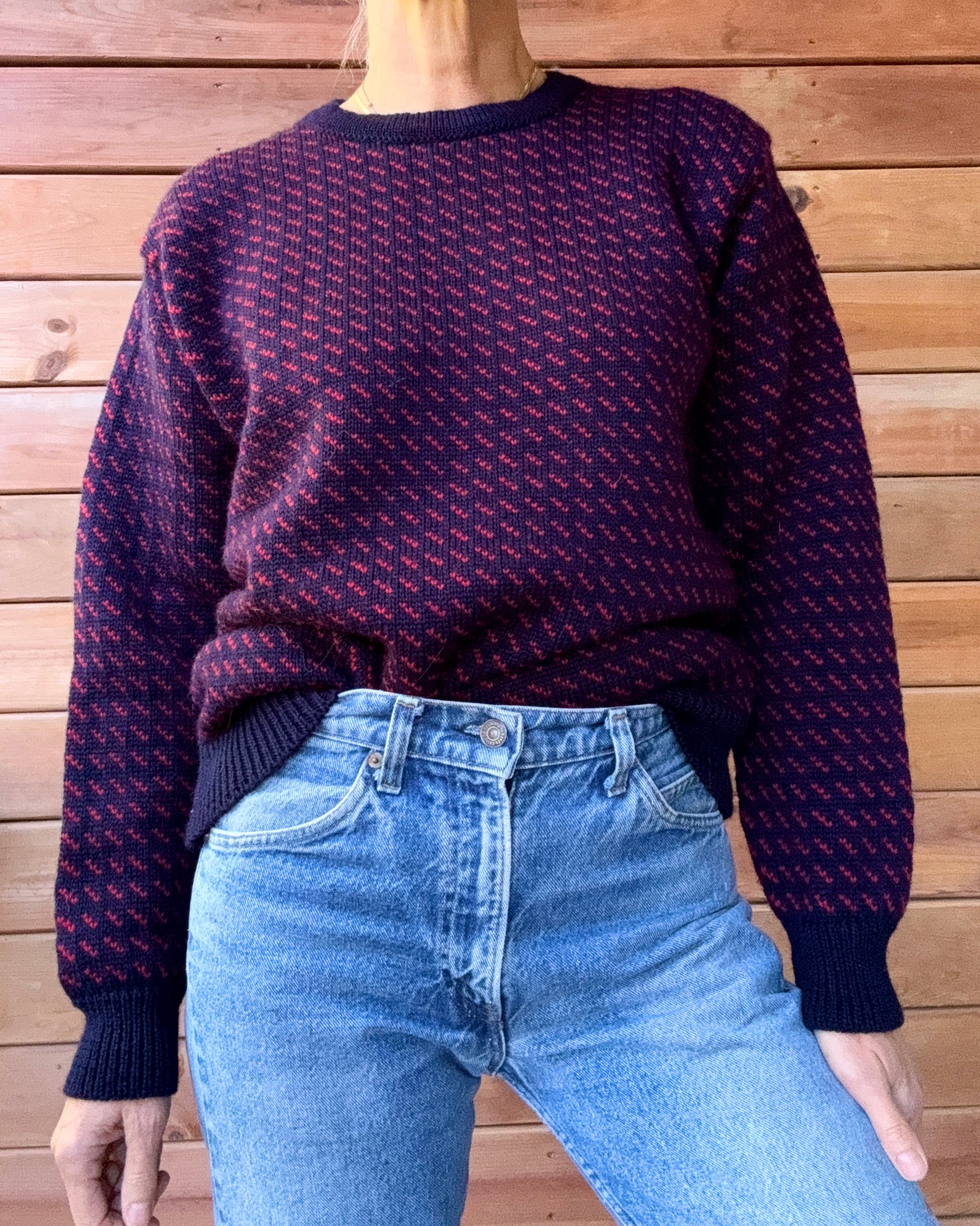 Vintage Birdseye Aran Sweater Market Navy and Red Wool Crew Neck Sweater Made in Ireland