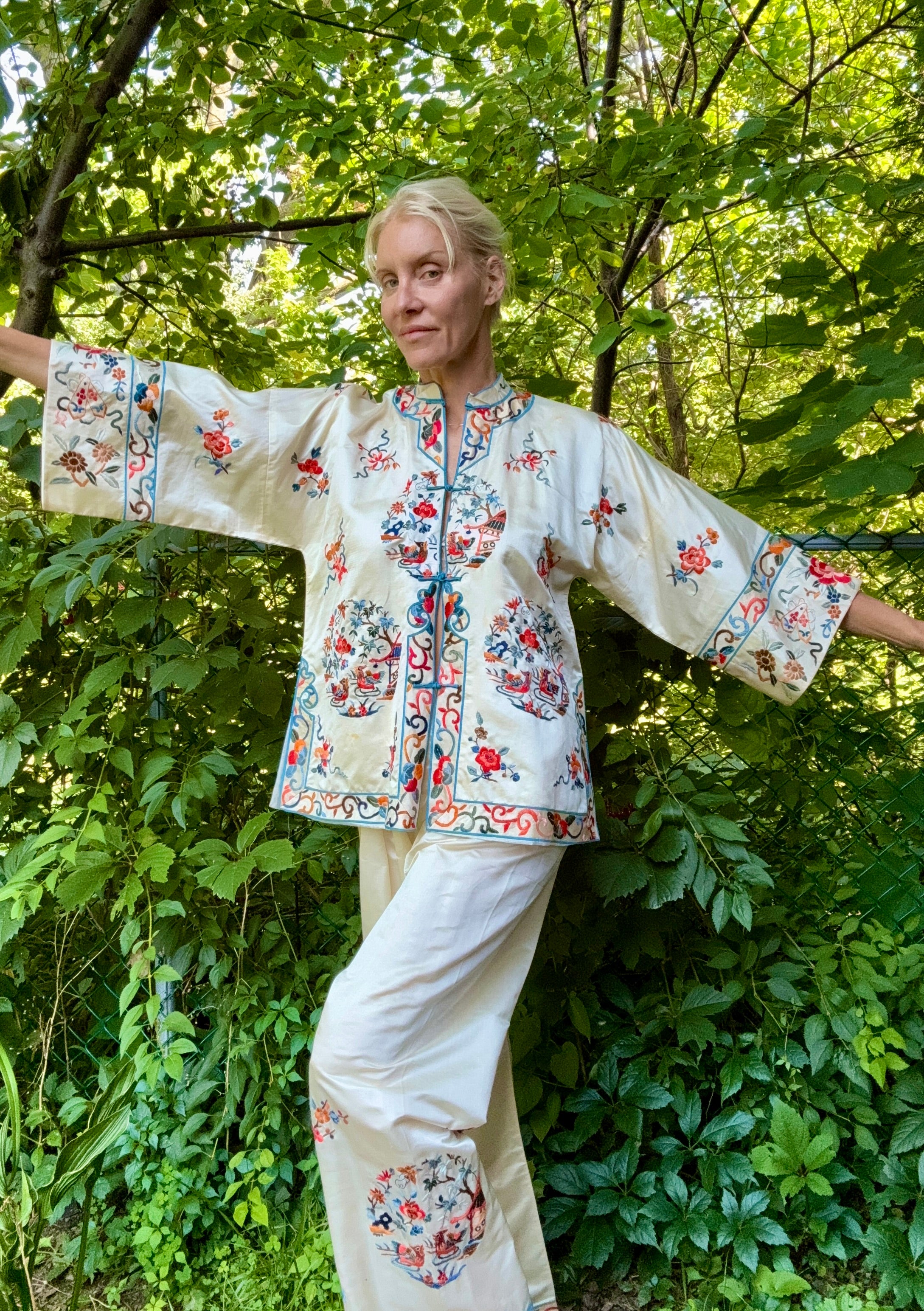 Vintage 1950s Deadstock Chinese Botanical Embroidered Ivory Silk Satin Pyjama Jacket and Pant Set S or M