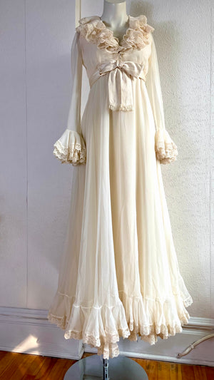 Vintage 1970s Oscar De La Renta Empire Waist Silk Chiffon & Lace Evening Gown Dress with Ruffles and Trumpet Sleeves XS 2