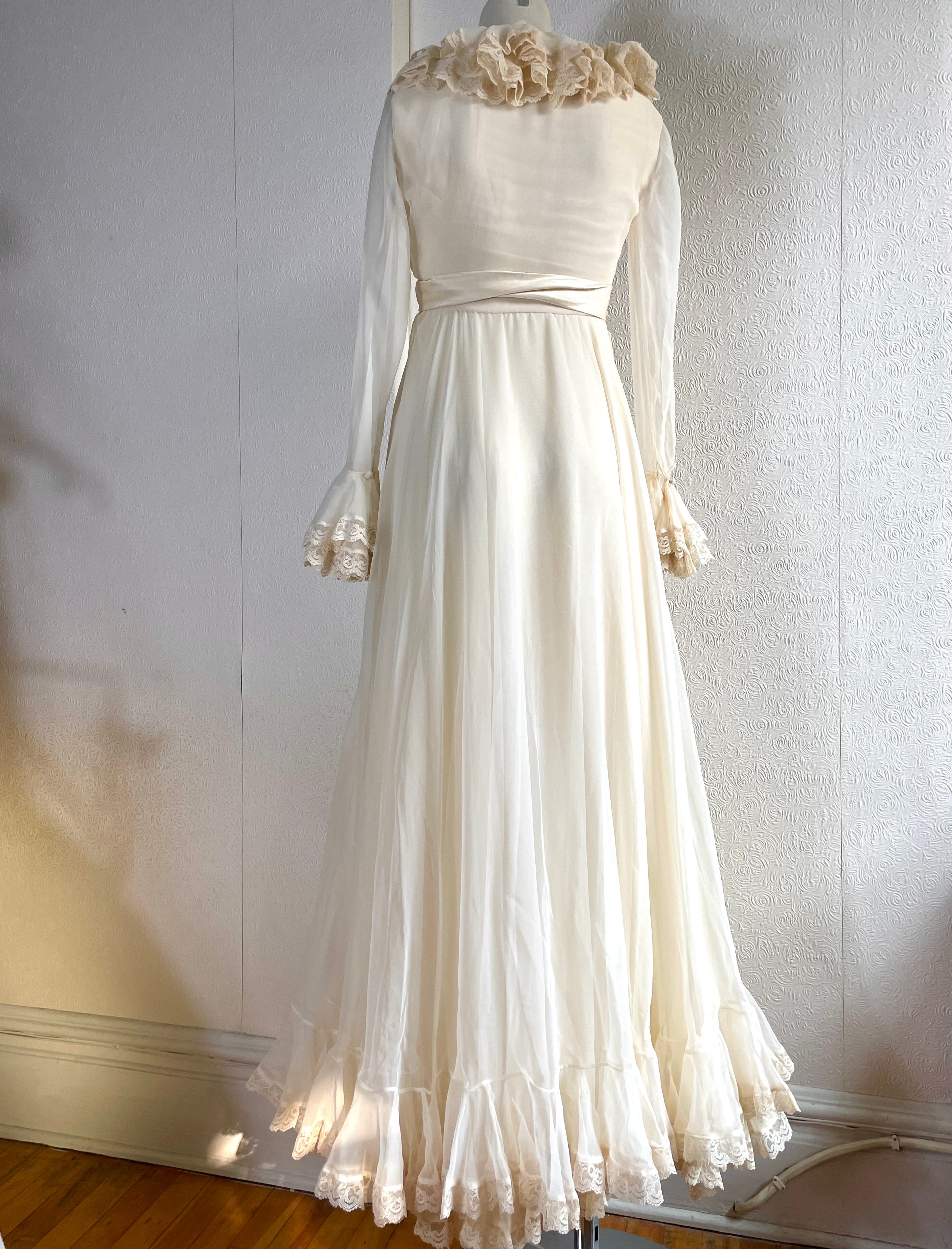 Vintage 1970s Oscar De La Renta Empire Waist Silk Chiffon & Lace Evening Gown Dress with Ruffles and Trumpet Sleeves XS 2