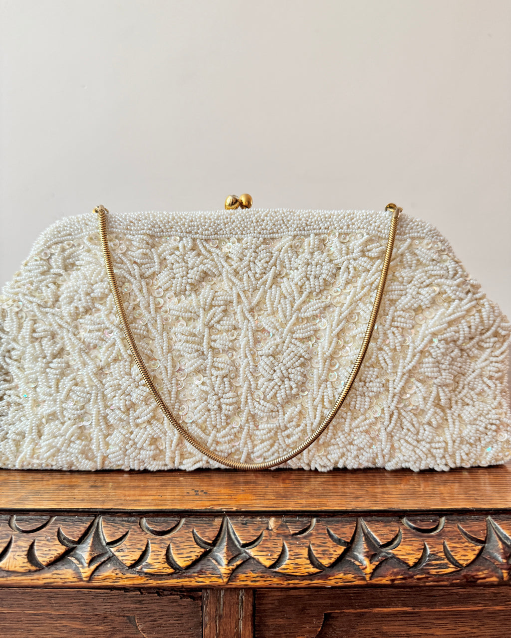 Vintage 1950s Rocaille Ivory Pearl Seed and Sequin Beads Flower Design Evening Wedding Purse Bag with Snake Chain Top Handle Strap