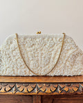 Vintage 1950s Rocaille Ivory Pearl Seed and Sequin Beads Flower Design Evening Wedding Purse Bag with Snake Chain Top Handle Strap