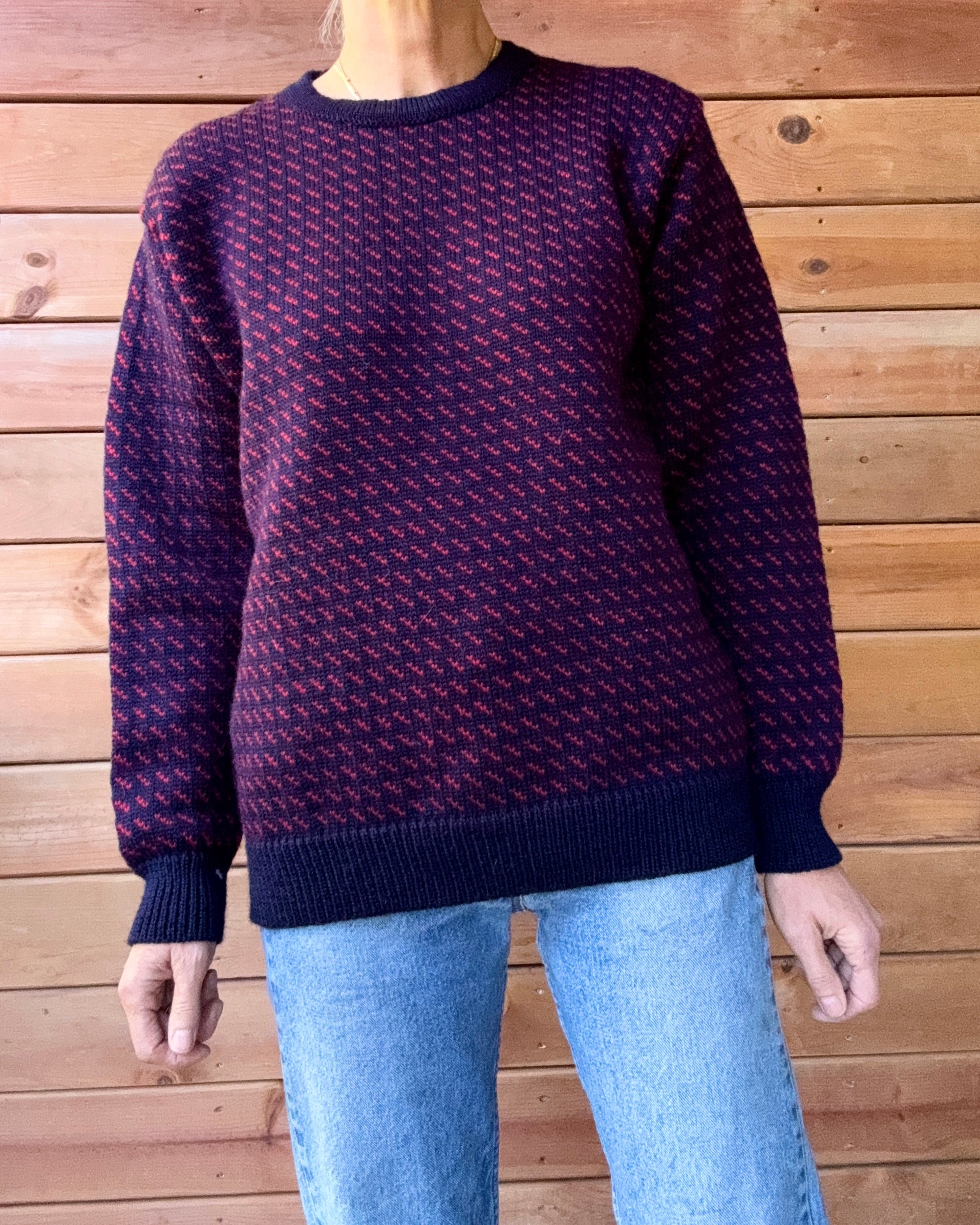 Vintage Birdseye Aran Sweater Market Navy and Red Wool Crew Neck Sweater Made in Ireland