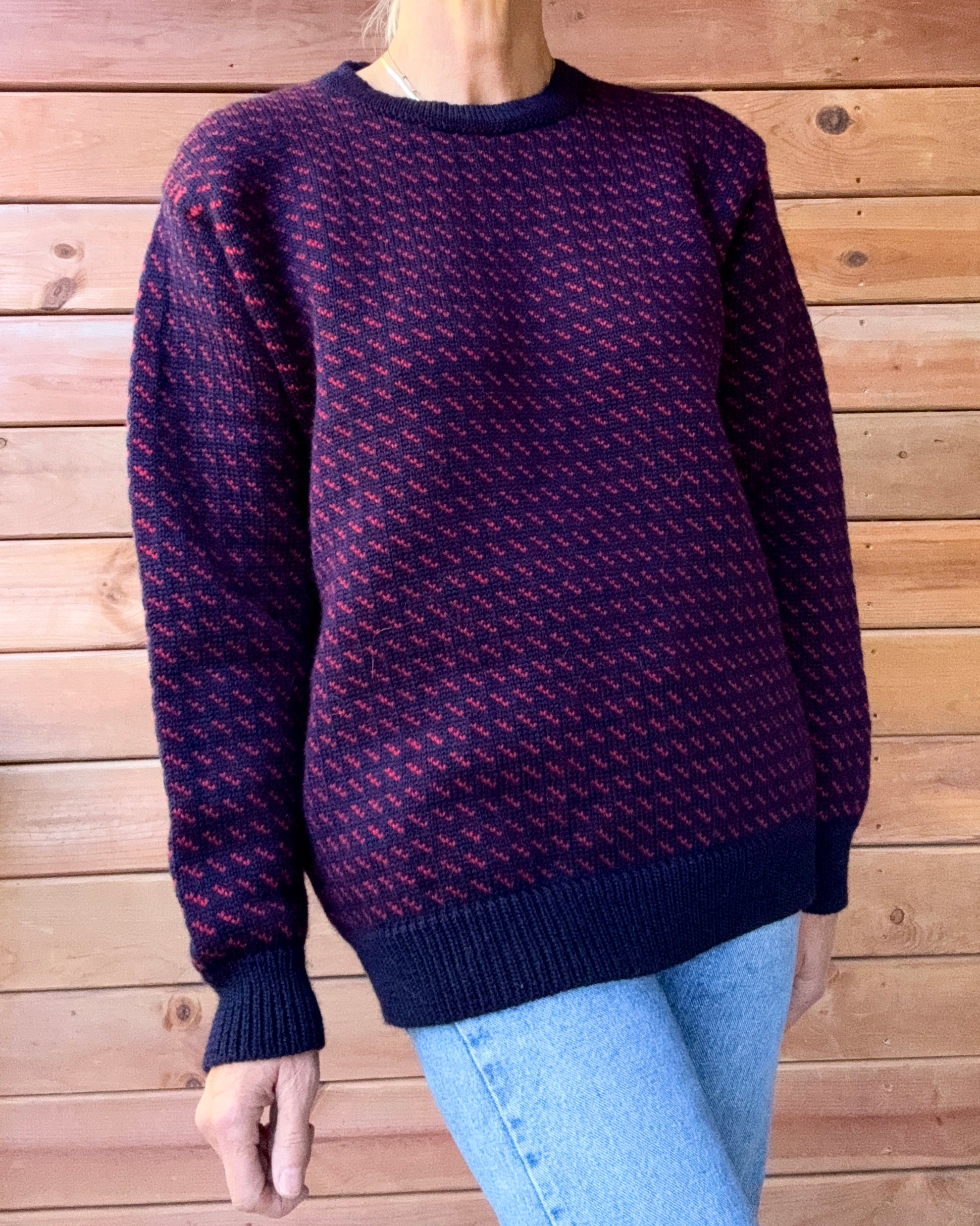 Vintage Birdseye Aran Sweater Market Navy and Red Wool Crew Neck Sweater Made in Ireland