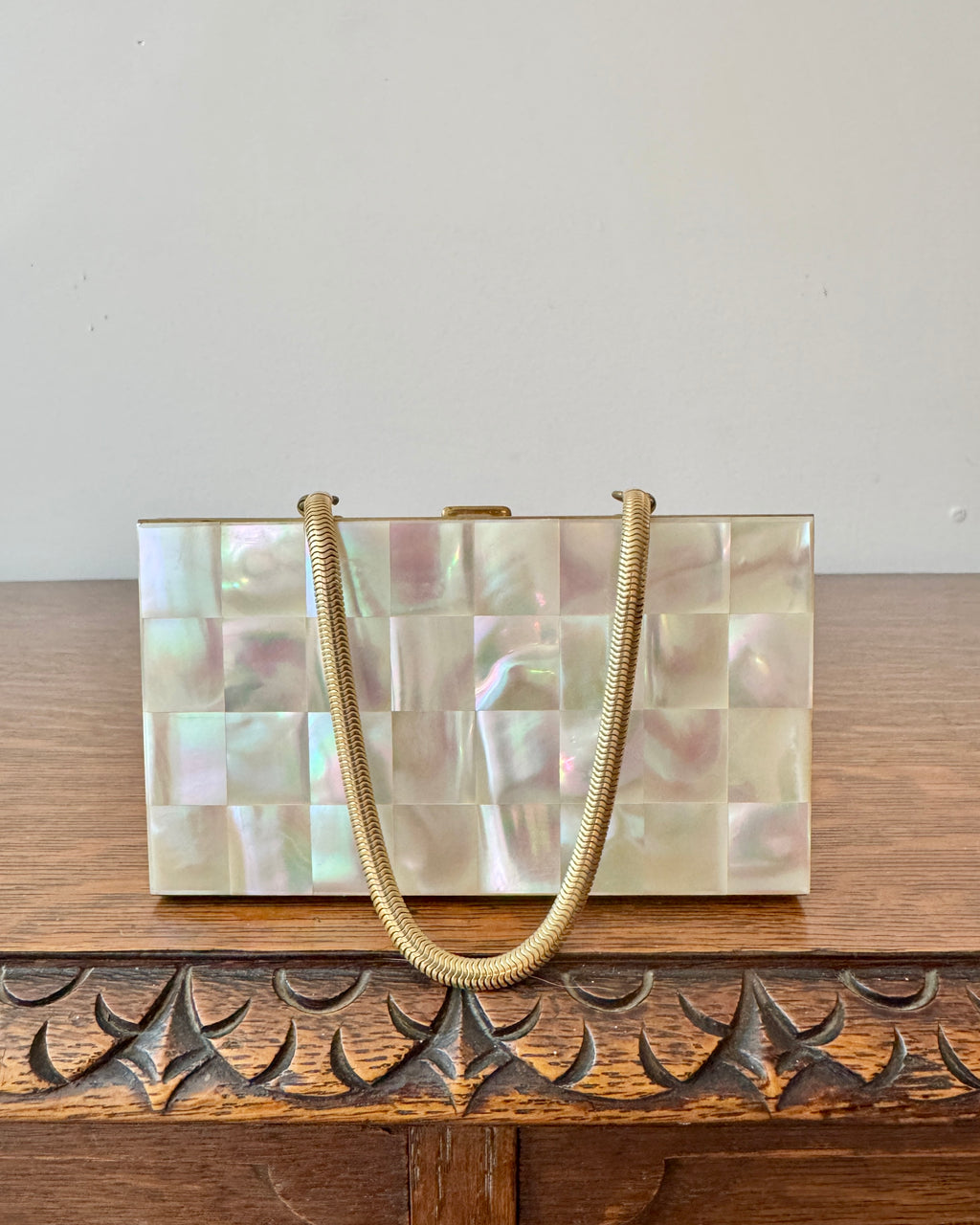 Vintage 1940s 1950s Marhill Mother of Pearl Tile Compact Cosmetic Cigarette Wrislet Case Minaudière in Gold Tone Metal