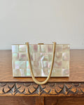 Vintage 1940s 1950s Marhill Mother of Pearl Tile Compact Cosmetic Cigarette Wrislet Case Minaudière in Gold Tone Metal