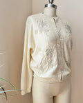 Vintage 1950s Cashmere and Wool Cream Hand Beaded Rocaille Ivory Pearl like Seed Beads in a Lily Flower Design Cardigan M