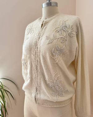 Vintage 1950s Cashmere and Wool Cream Hand Beaded Rocaille Ivory Pearl like Seed Beads in a Lily Flower Design Cardigan M