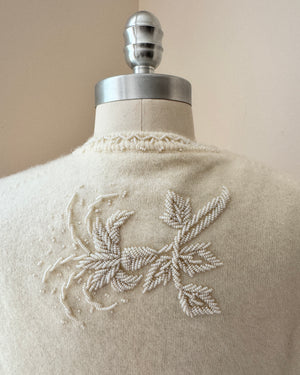 Vintage 1950s Cashmere and Wool Cream Hand Beaded Rocaille Ivory Pearl like Seed Beads in a Lily Flower Design Cardigan M