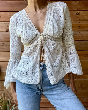 Vintage 1990s Baby Doll Lace Bell Flounce Sleeve Cream Top with Front Tie Made in Mexico M