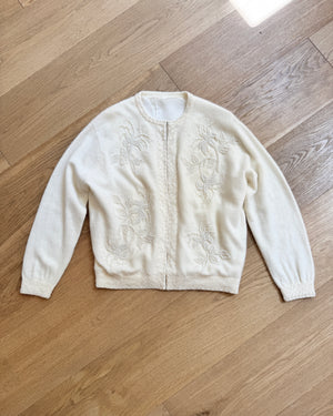Vintage 1950s Cashmere and Wool Cream Hand Beaded Rocaille Ivory Pearl like Seed Beads in a Lily Flower Design Cardigan M
