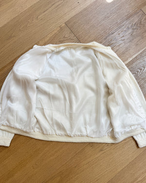 Vintage 1950s Cashmere and Wool Cream Hand Beaded Rocaille Ivory Pearl like Seed Beads in a Lily Flower Design Cardigan M