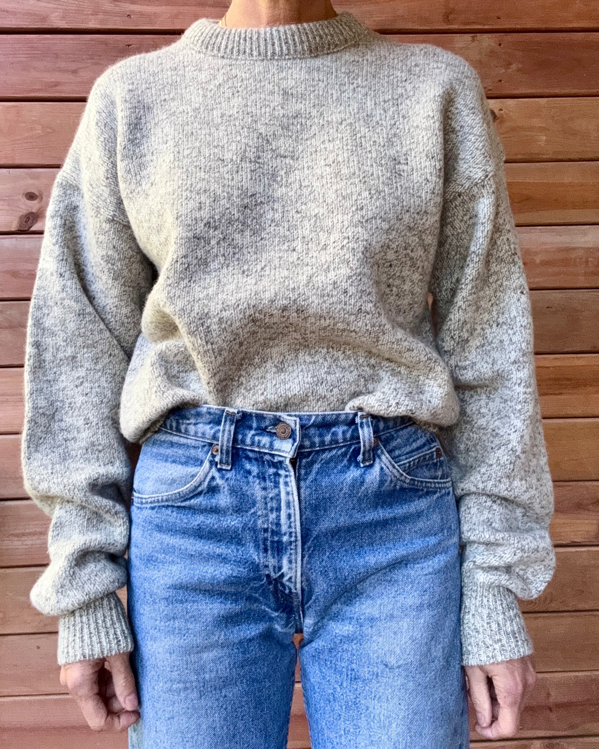 Vintage Rag Wool Fisherman Heathered Oatmeal Grey Wool Crew Neck Sweater Fieldmaster Made in USA