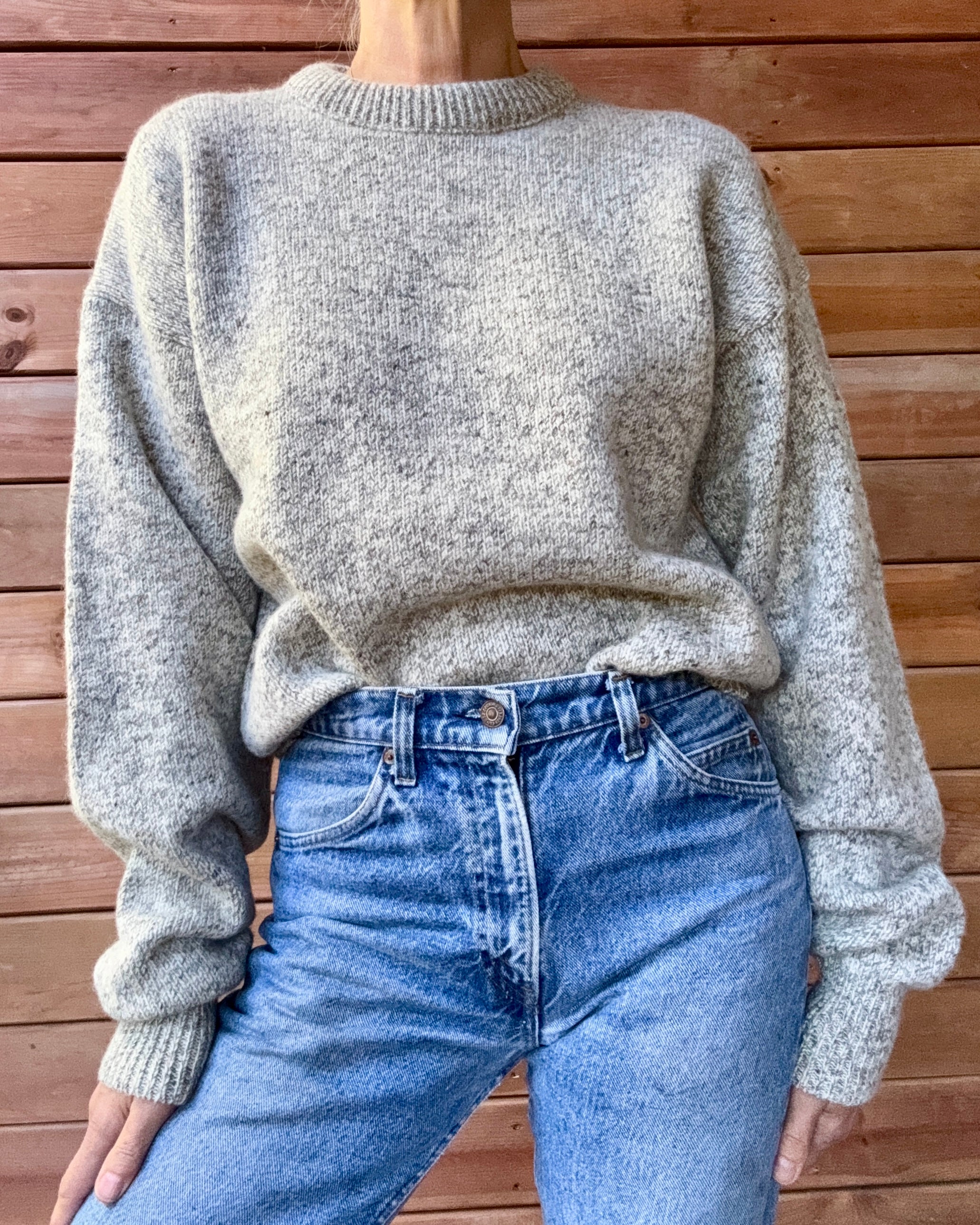 Vintage Rag Wool Fisherman Heathered Oatmeal Grey Wool Crew Neck Sweater Fieldmaster Made in USA