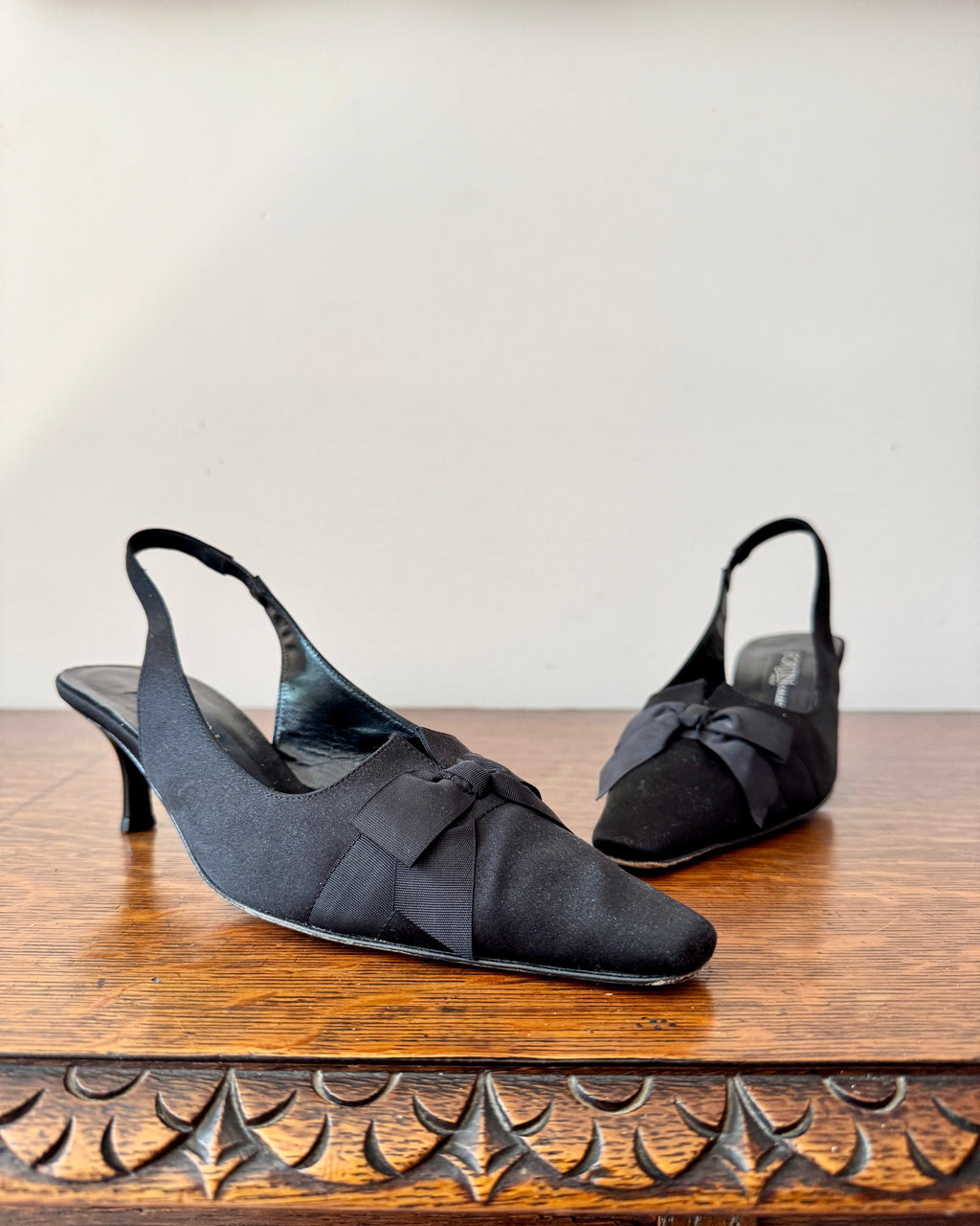 Vintage 90s Black Silk Slingback Pumps: Pointed Square Toe, Size 6.5
