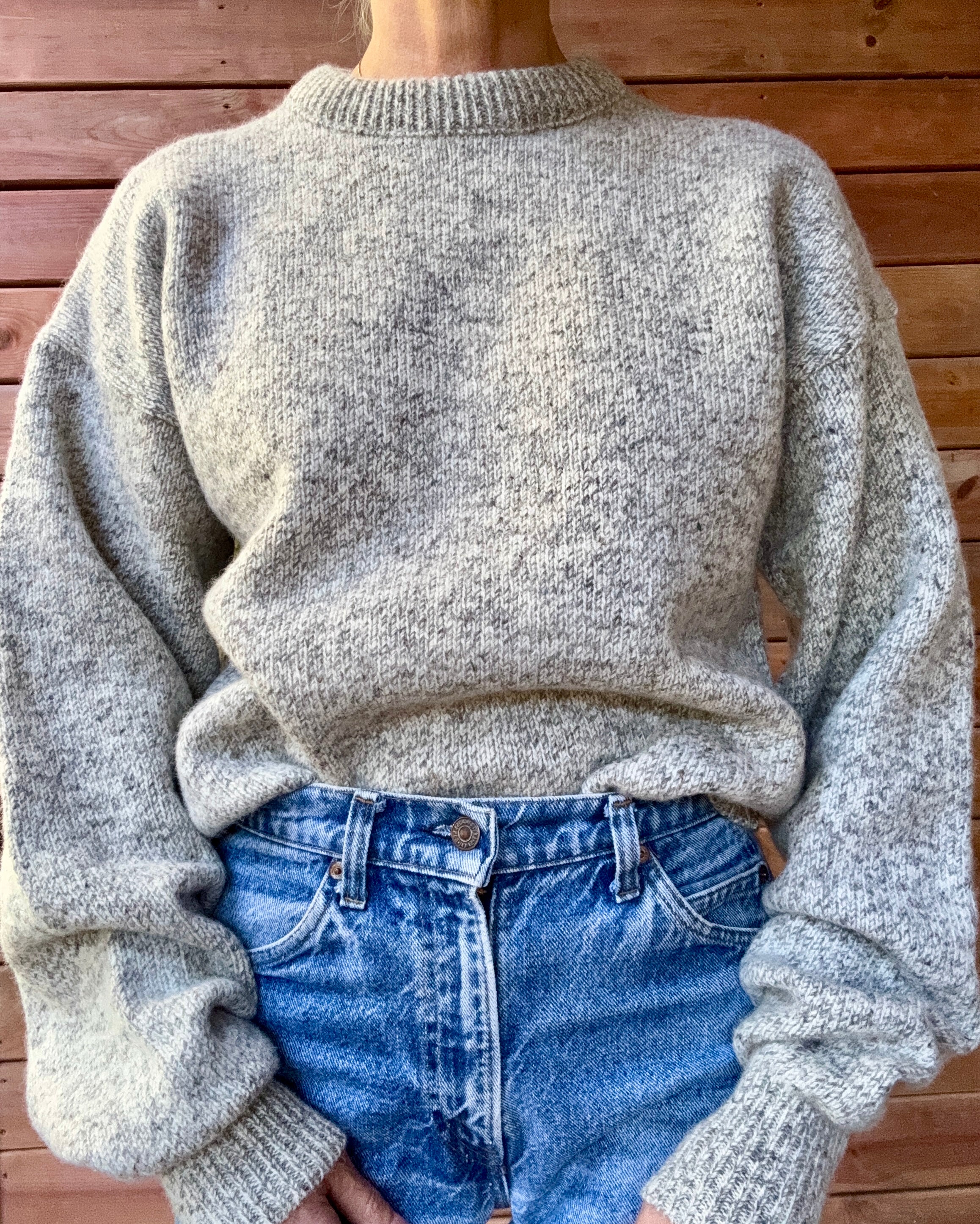 Vintage Rag Wool Fisherman Heathered Oatmeal Grey Wool Crew Neck Sweater Fieldmaster Made in USA