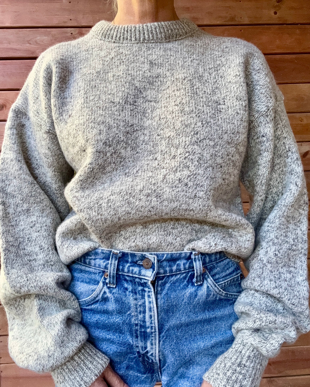 Vintage Rag Wool Fisherman Heathered Oatmeal Grey Wool Crew Neck Sweater Fieldmaster Made in USA