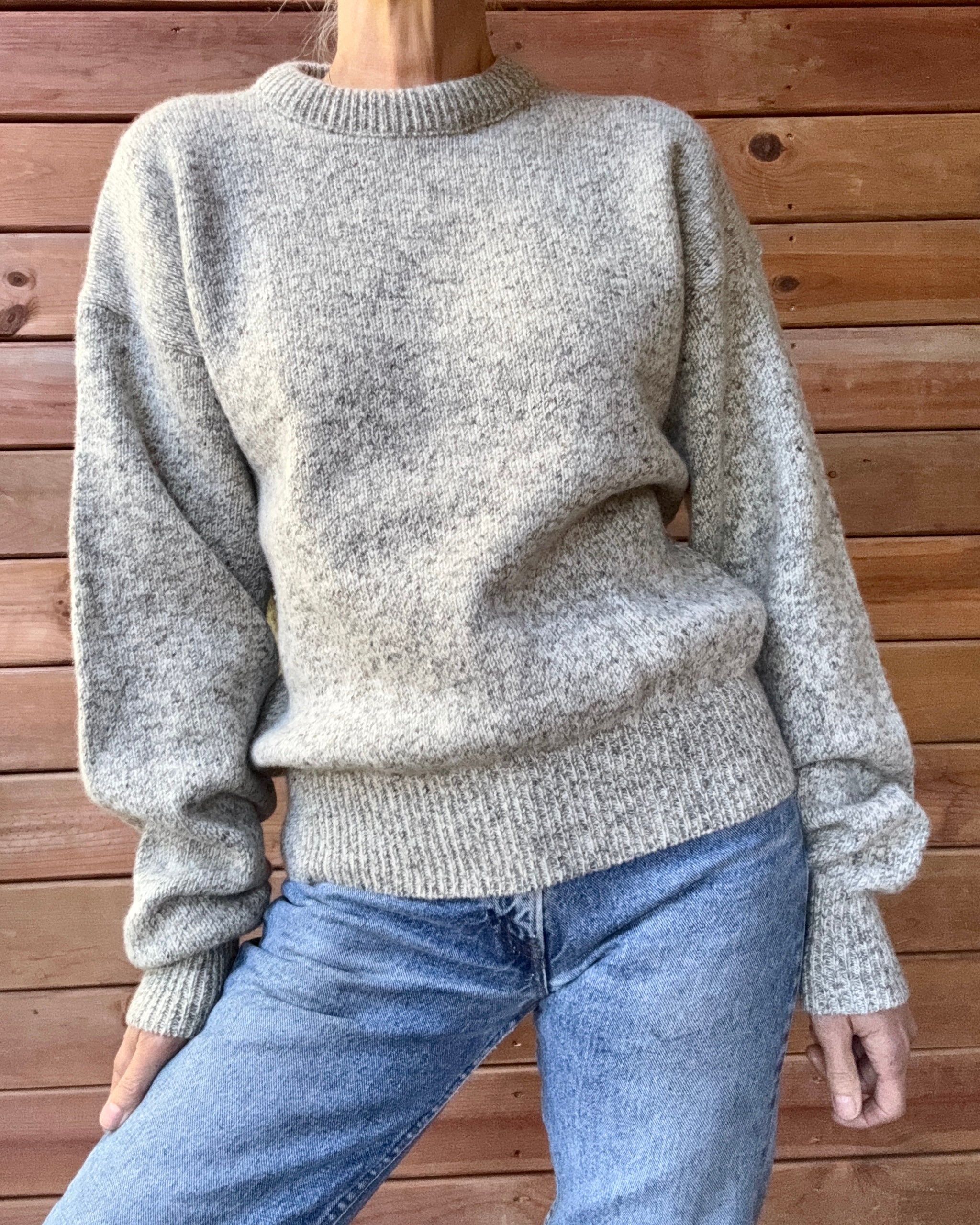 Vintage Rag Wool Fisherman Heathered Oatmeal Grey Wool Crew Neck Sweater Fieldmaster Made in USA
