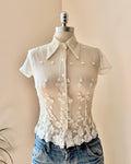 Vintage 1990s Mesh and Floral Embroidered Ivory Short Sleeve Shirt Top With Pointed Collar by GROOVE Made in USA Size Small