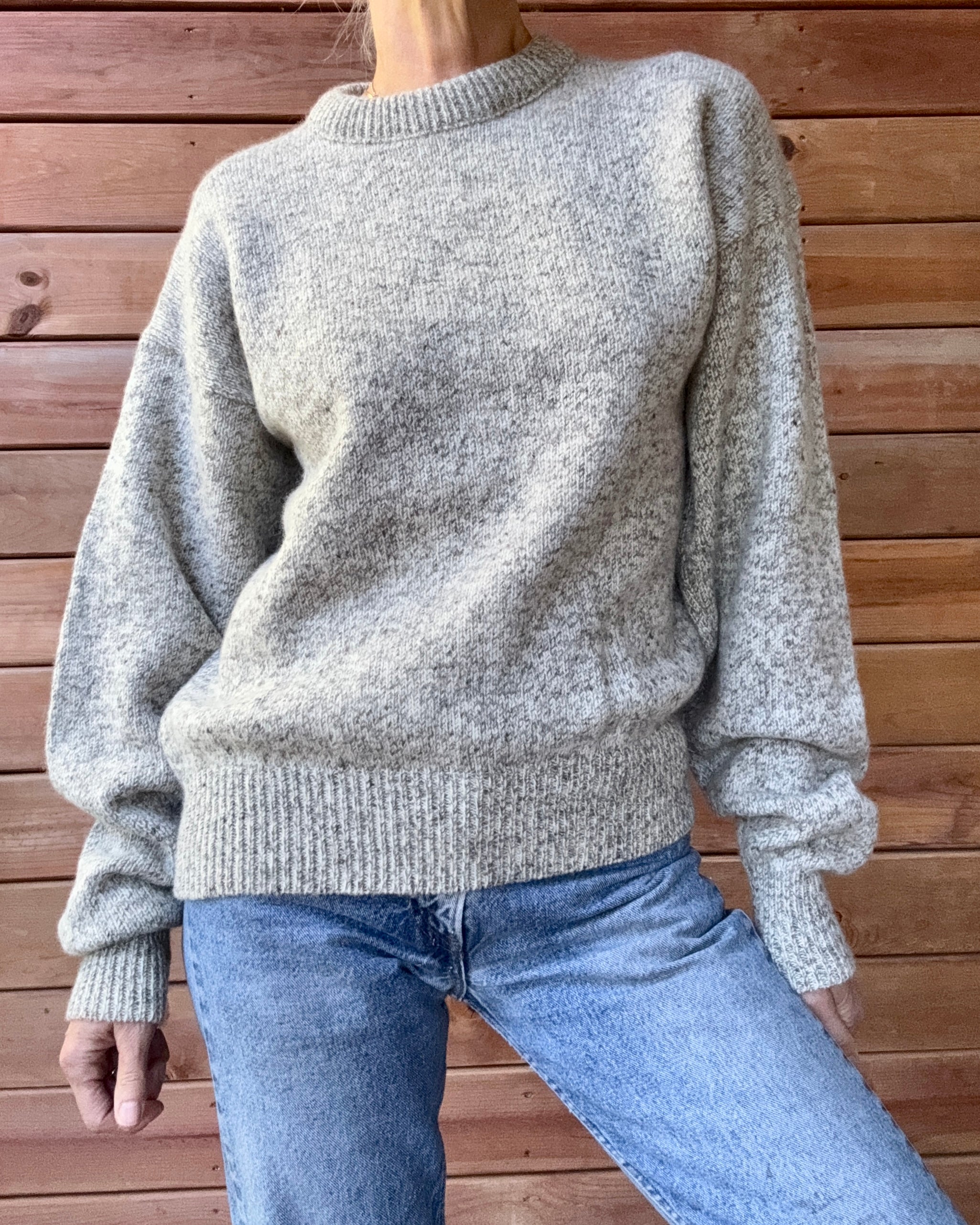 Vintage Rag Wool Fisherman Heathered Oatmeal Grey Wool Crew Neck Sweater Fieldmaster Made in USA
