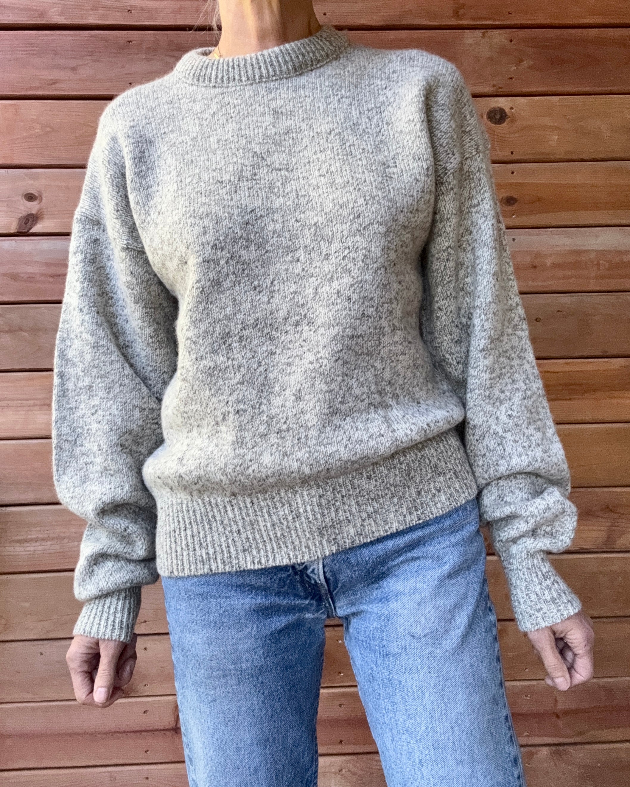 Vintage Rag Wool Fisherman Heathered Oatmeal Grey Wool Crew Neck Sweater Fieldmaster Made in USA