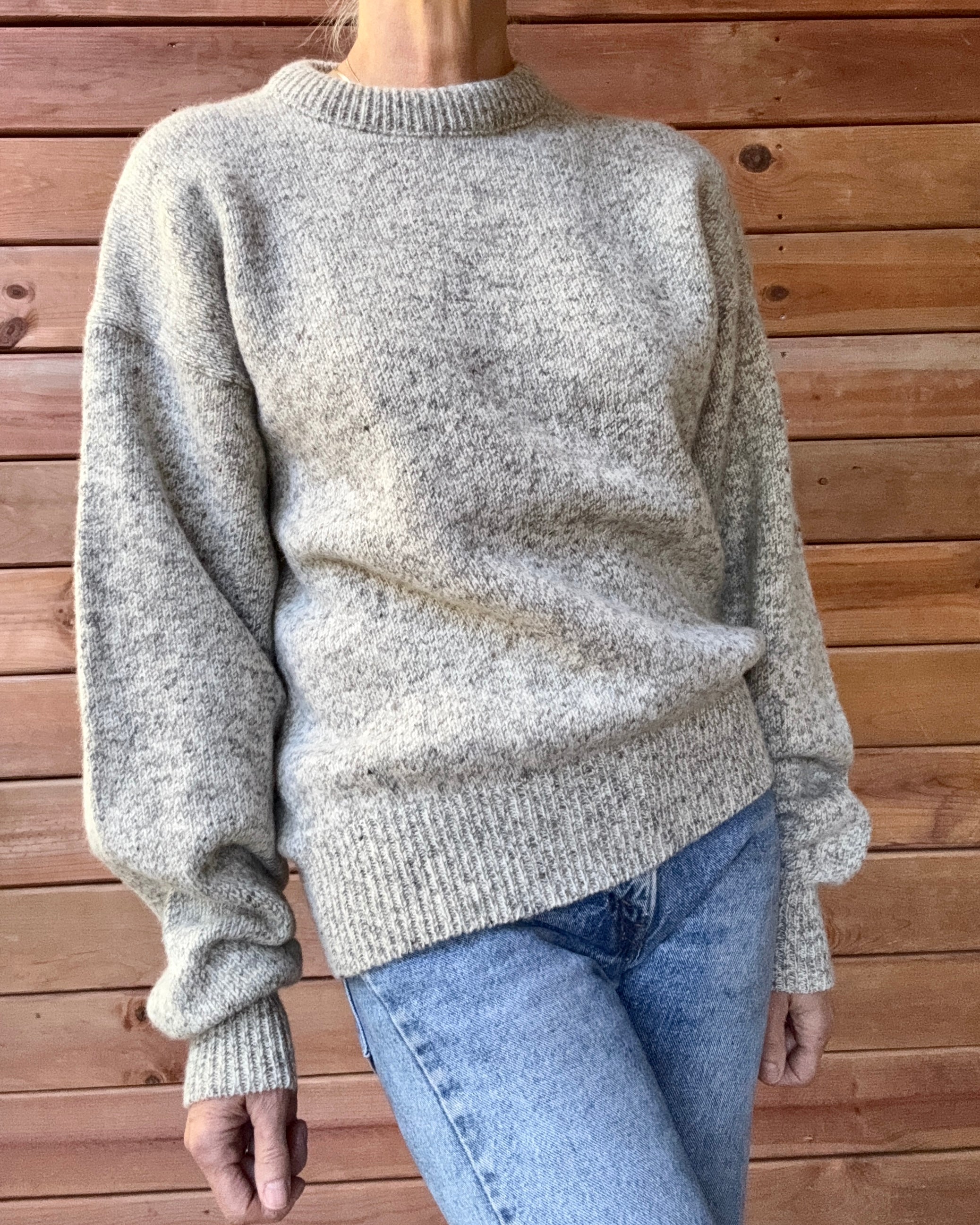 Vintage Rag Wool Fisherman Heathered Oatmeal Grey Wool Crew Neck Sweater Fieldmaster Made in USA