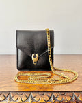 Vintage Black Embossed Lizard with Glossy Finish Shoulder Cross Body Bag Clutch with Gold Tone Metal Chain Strap Handle