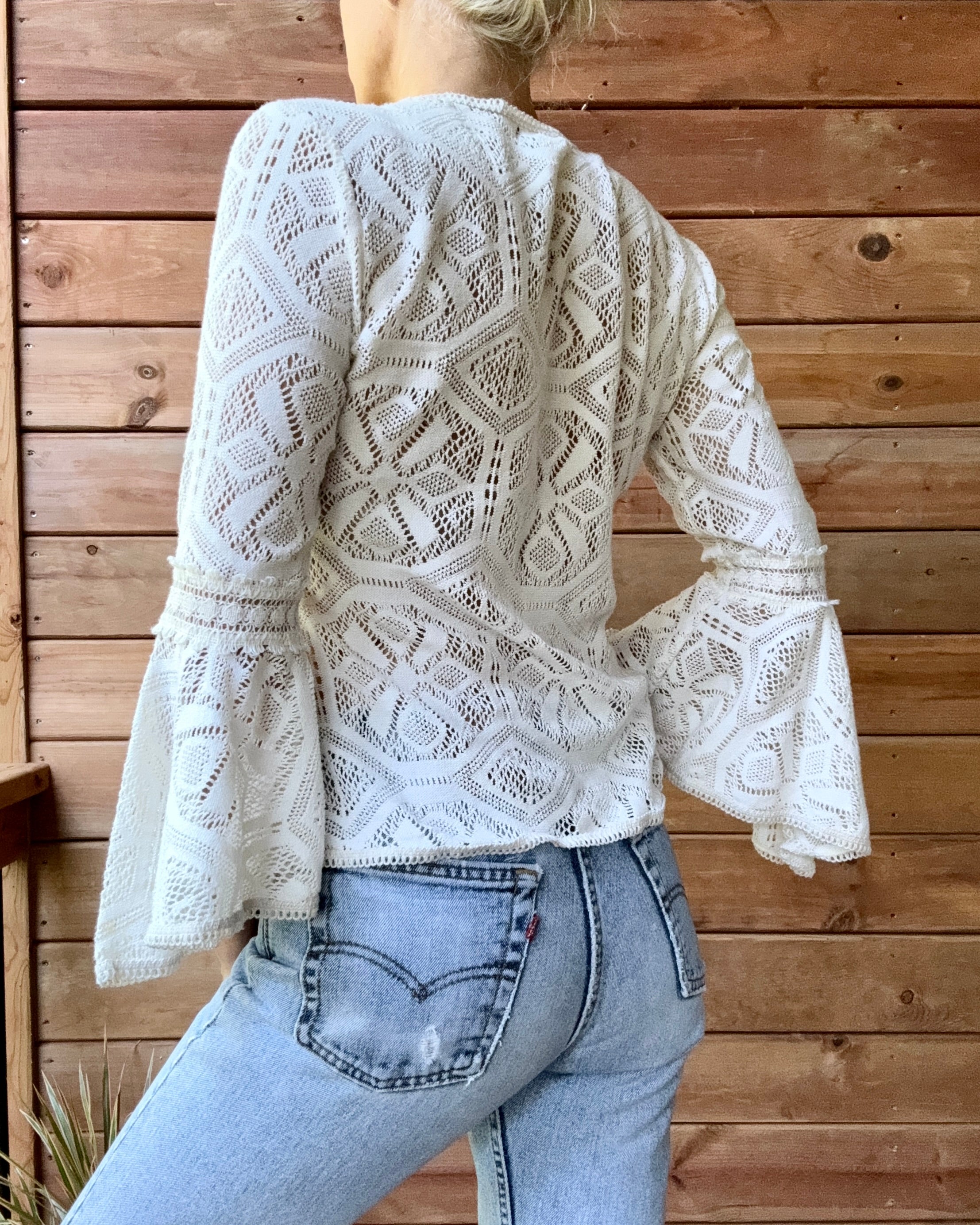 Vintage 1990s Baby Doll Lace Bell Flounce Sleeve Cream Top with Front Tie Made in Mexico M