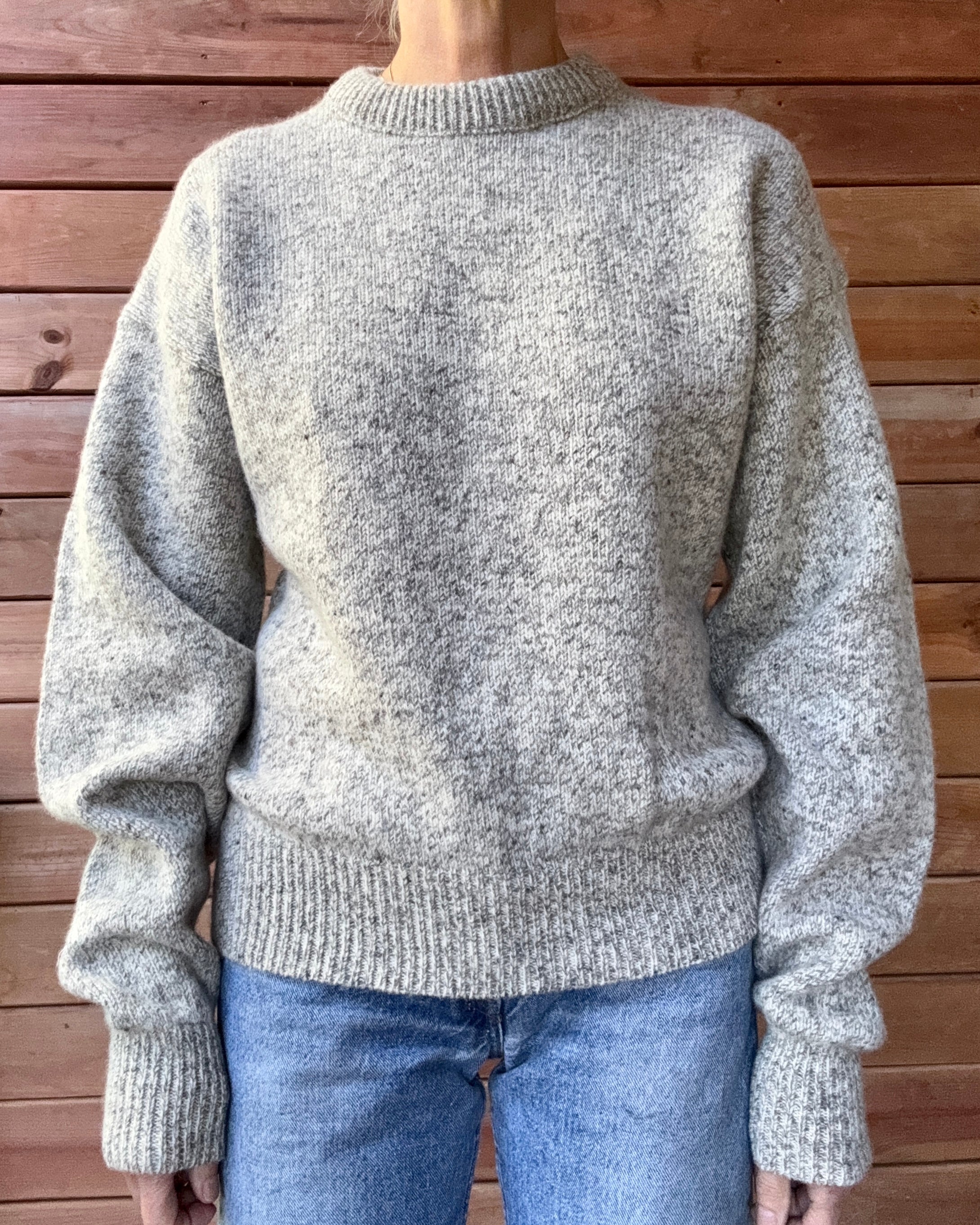 Vintage Rag Wool Fisherman Heathered Oatmeal Grey Wool Crew Neck Sweater Fieldmaster Made in USA