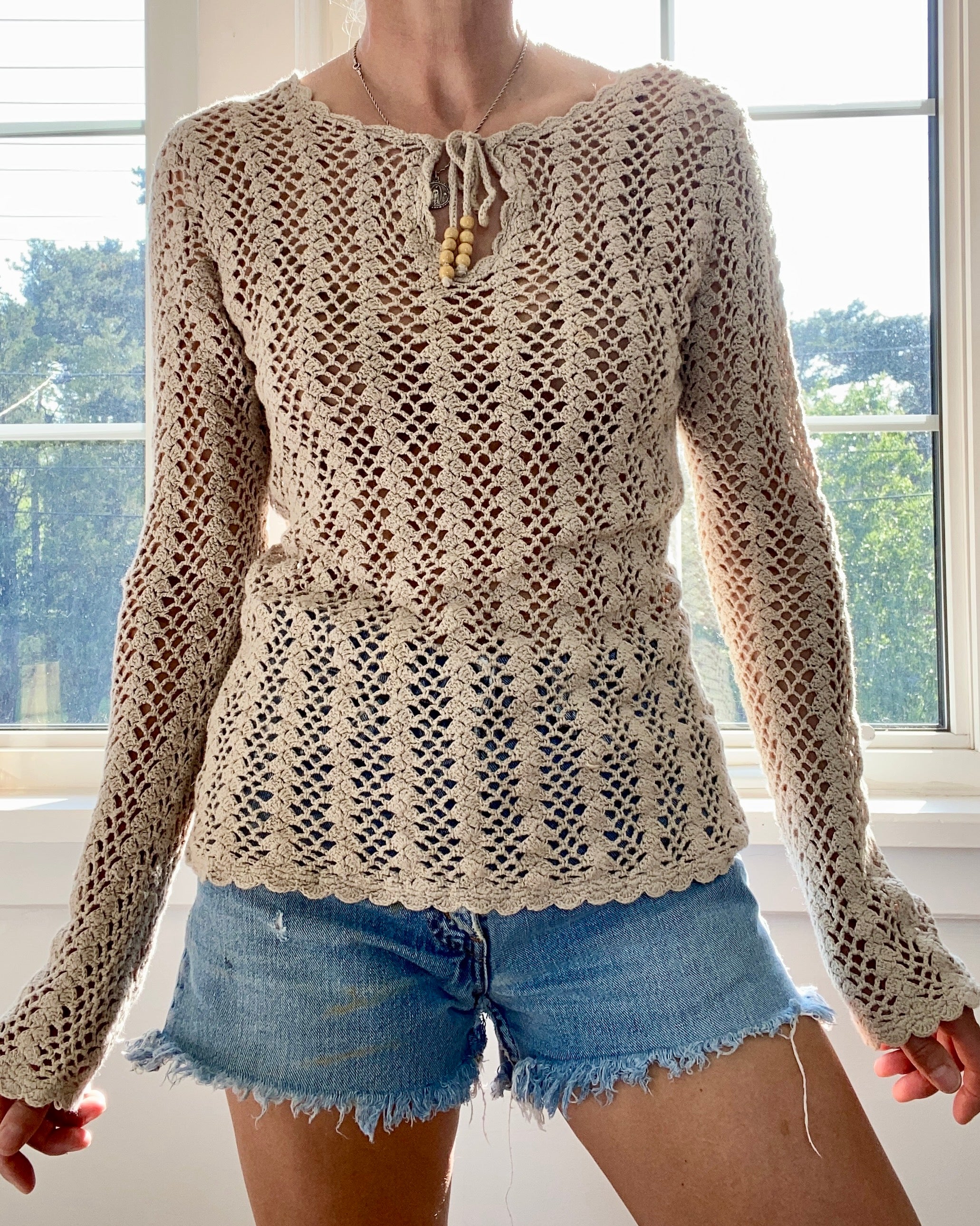VINTAGE Tan Cotton Crochet Top With Bell Sleeves