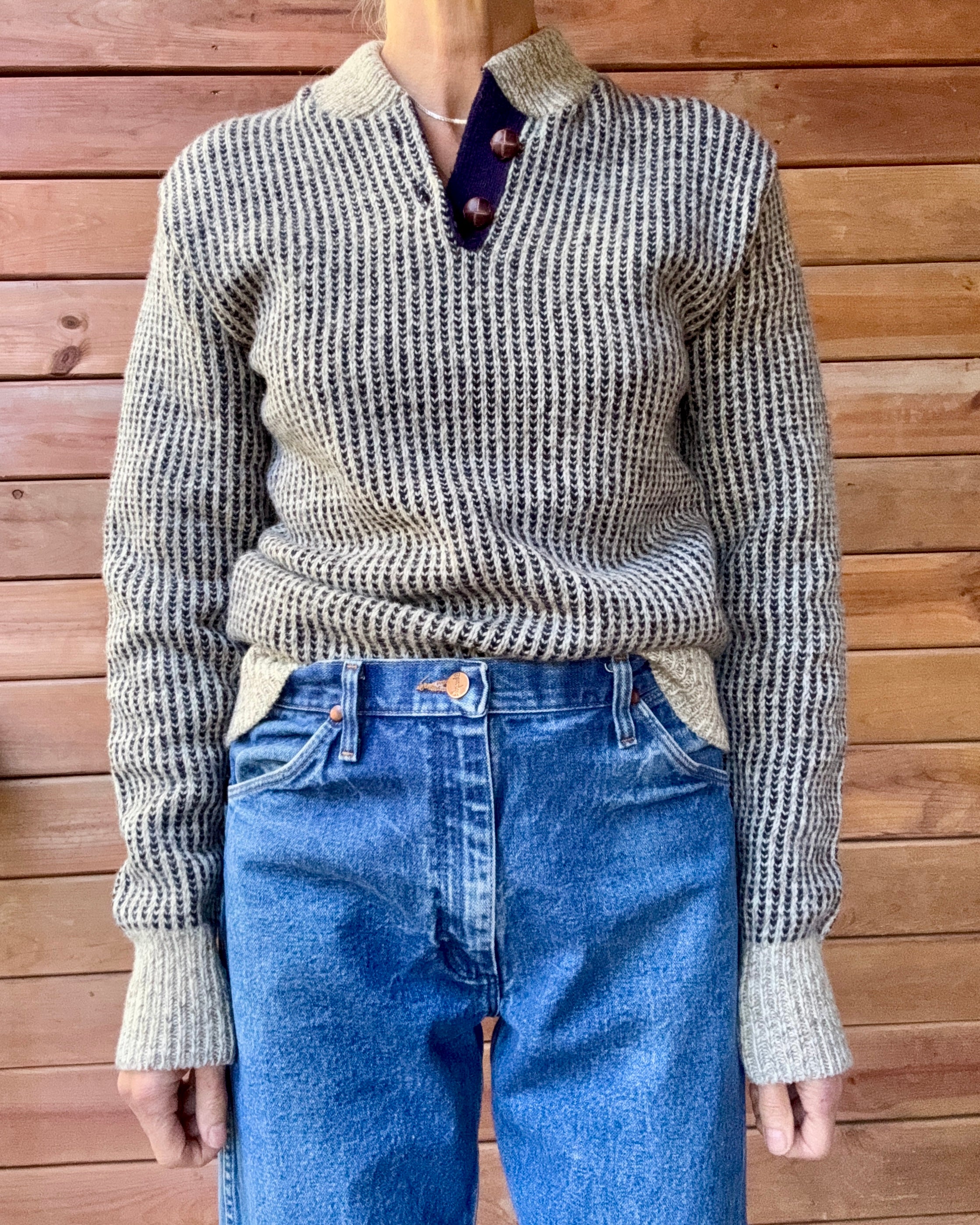 Vintage London Fog Oatmeal Marle and Navy Wool Knit Birds Eye Norwegian Henley Sweater Made in USA