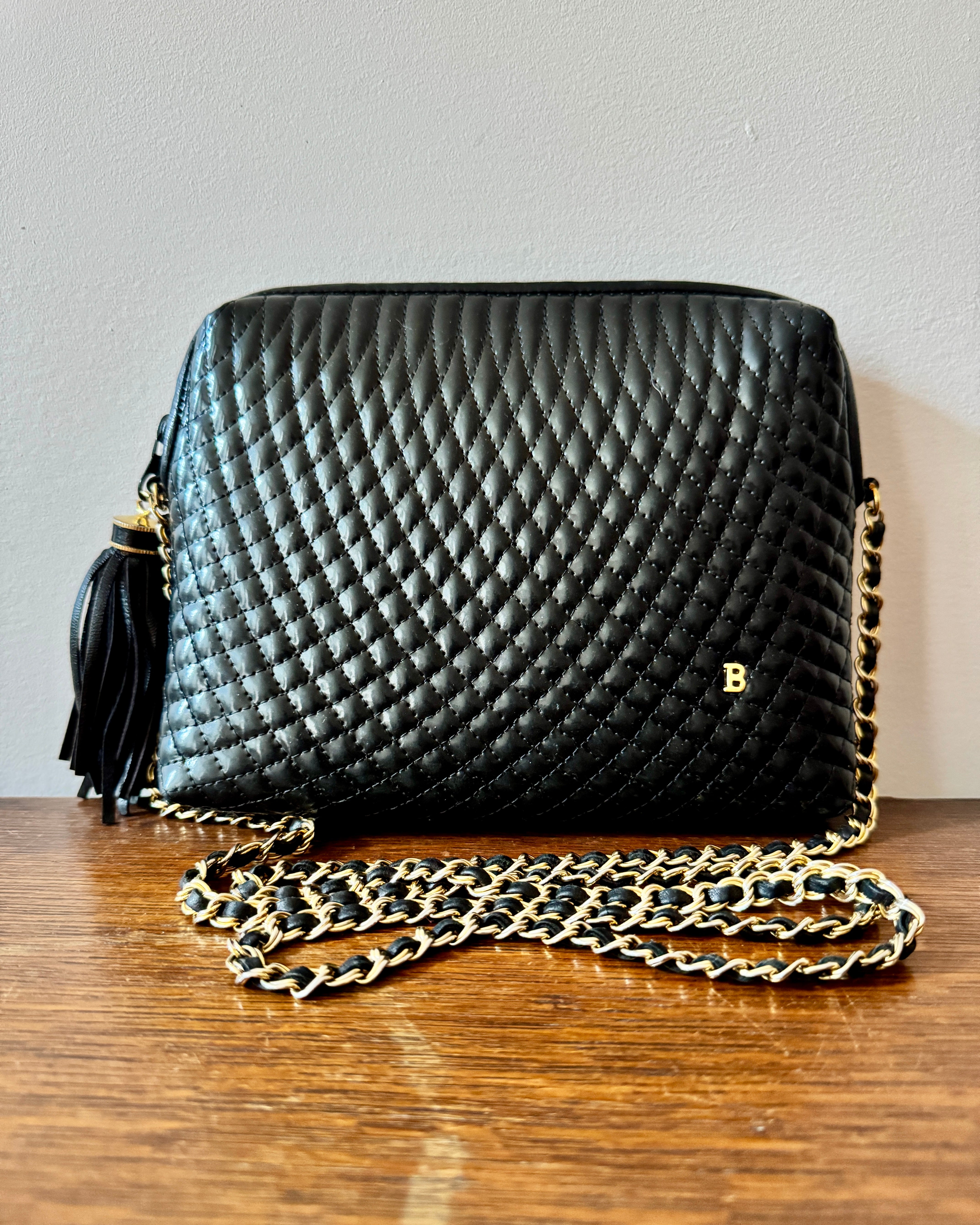 Vintage Quilted Matelasse Black Patent Leather BALLY Shoulder Bag Cross Body with Gold Chain Crossbody Strap and Tassel Made in Italy