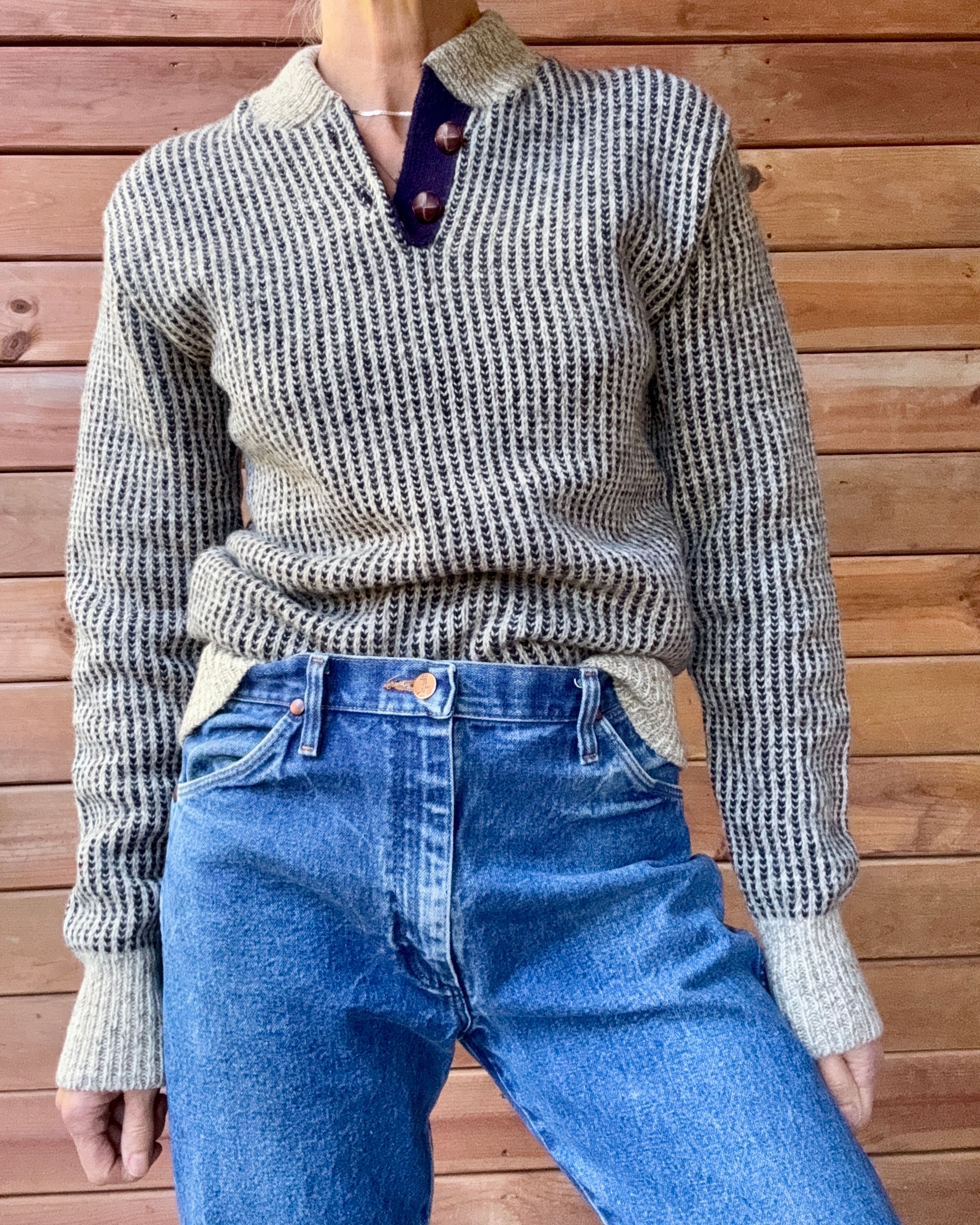 Vintage London Fog Oatmeal Marle and Navy Wool Knit Birds Eye Norwegian Henley Sweater Made in USA