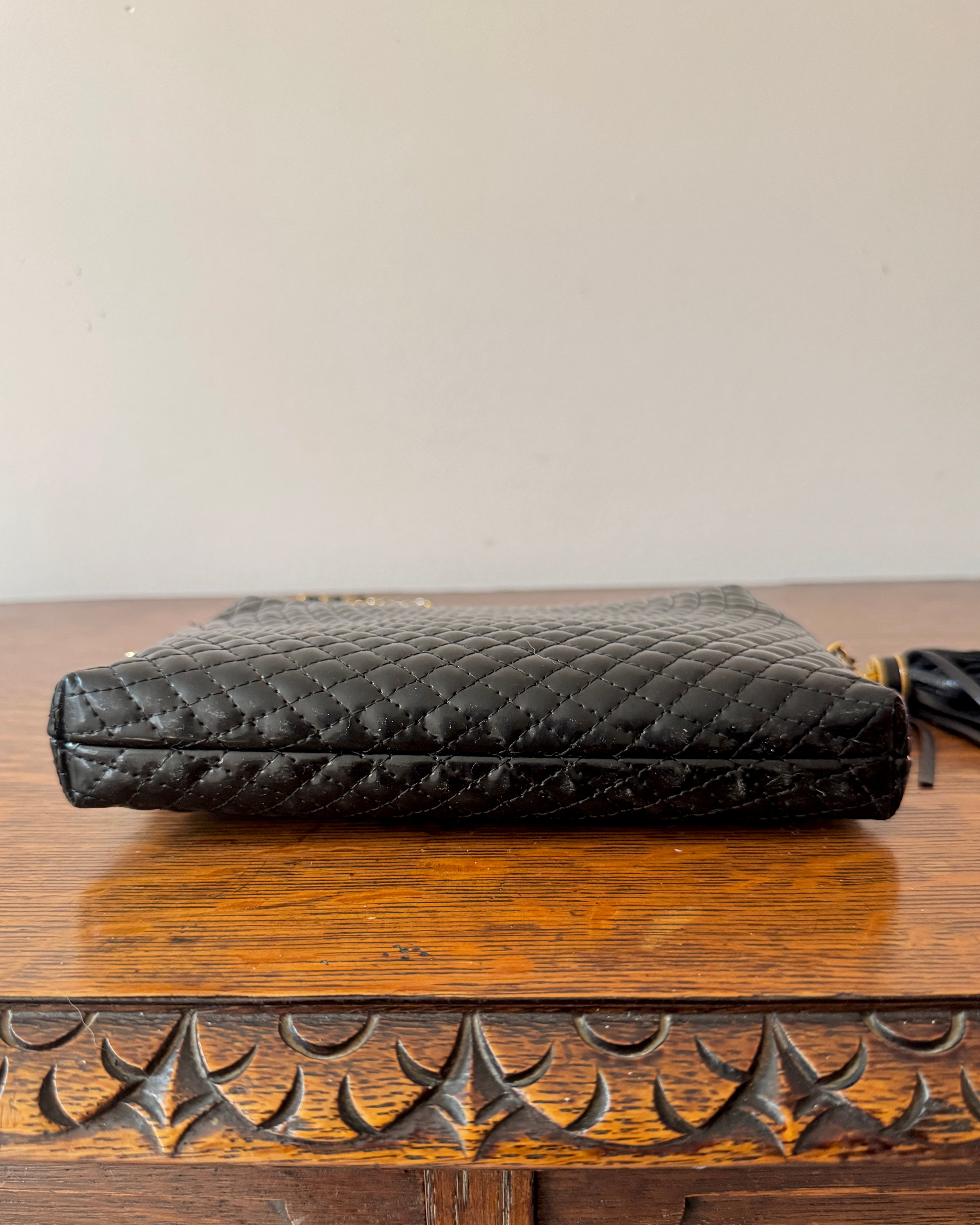 Vintage Quilted Matelasse Black Patent Leather BALLY Shoulder Bag Cross Body with Gold Chain Crossbody Strap and Tassel Made in Italy