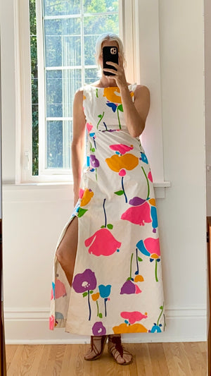 VINTAGE 1970s Tori Richard of Honolulu Hawaiian Cotton Abstract Floral Print Maxi Dress