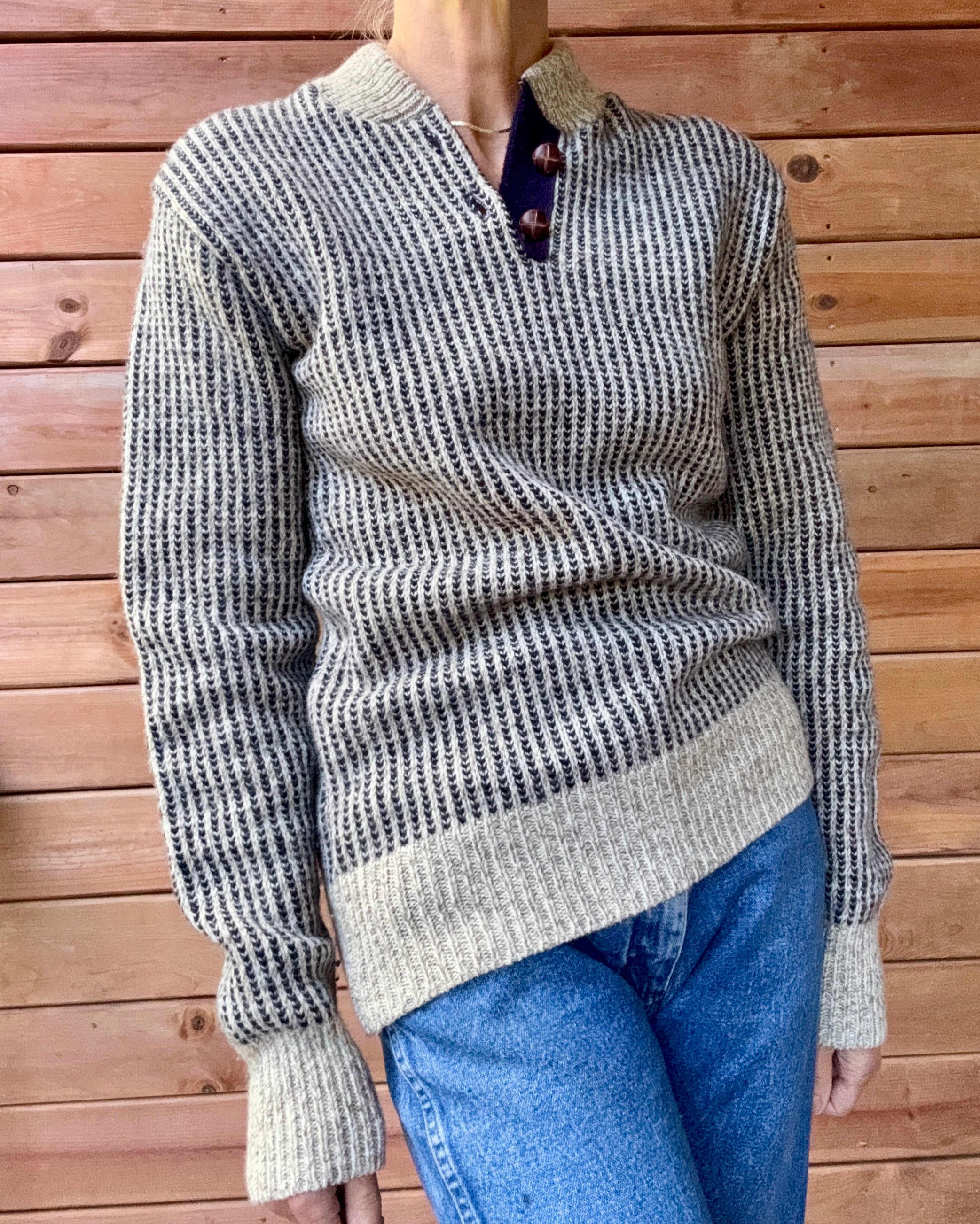 Vintage London Fog Oatmeal Marle and Navy Wool Knit Birds Eye Norwegian Henley Sweater Made in USA