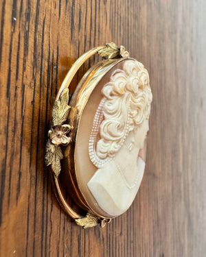 Antique 1890-1900 Victorian Shell Hand Carved Cameo in Floral Gold fill and 12K plated Brooch and  Pendant for a Necklace Oval Large Size