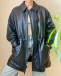 Vintage DANIER 1990s Black Leather Zip Front Jacket With Waist Drawcord and Back Storm Flap