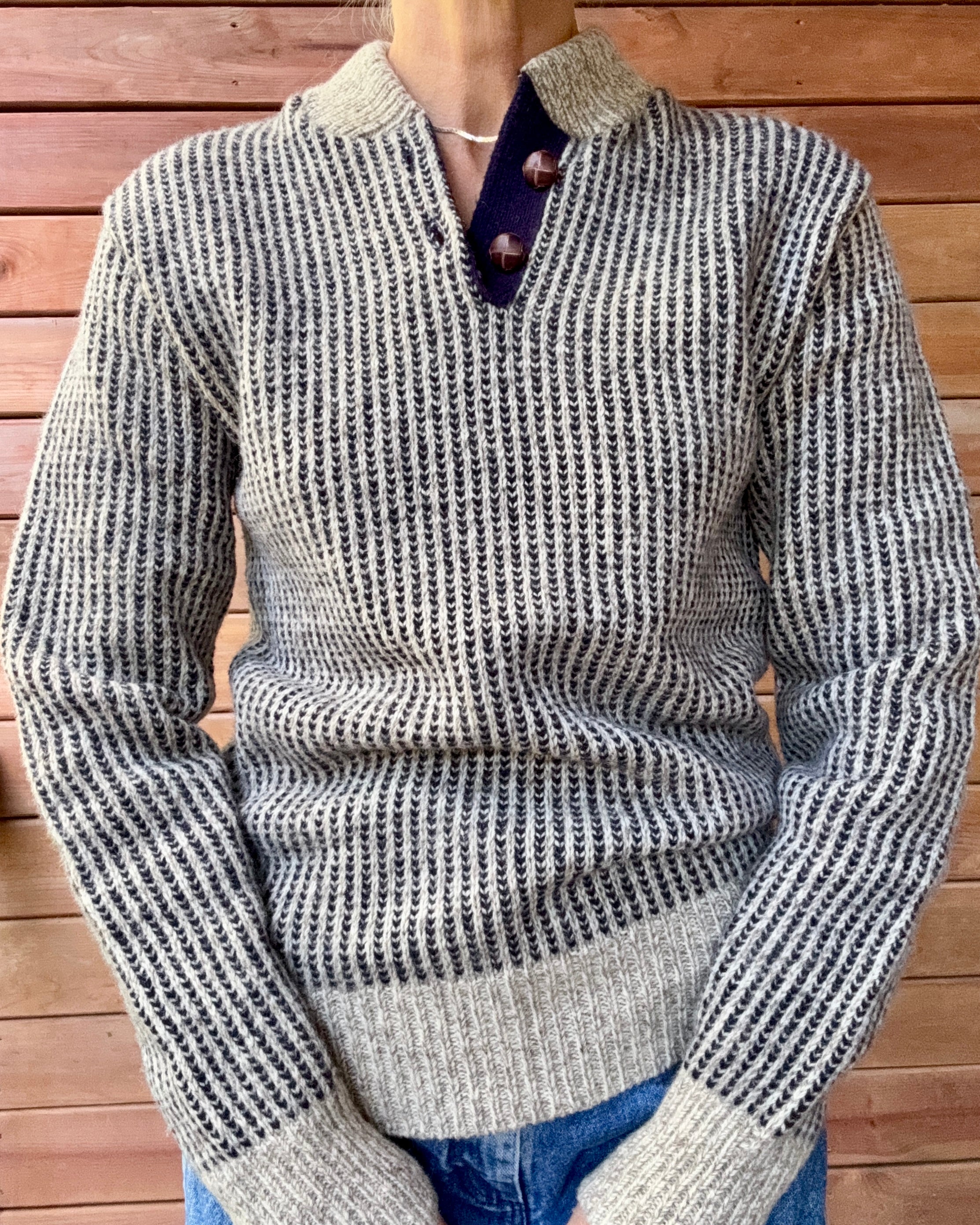Vintage London Fog Oatmeal Marle and Navy Wool Knit Birds Eye Norwegian Henley Sweater Made in USA