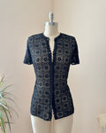 VINTAGE 1990s Hand knit Black Knit Crochet Crew Neck Short Sleeve Cardigan Top Size M