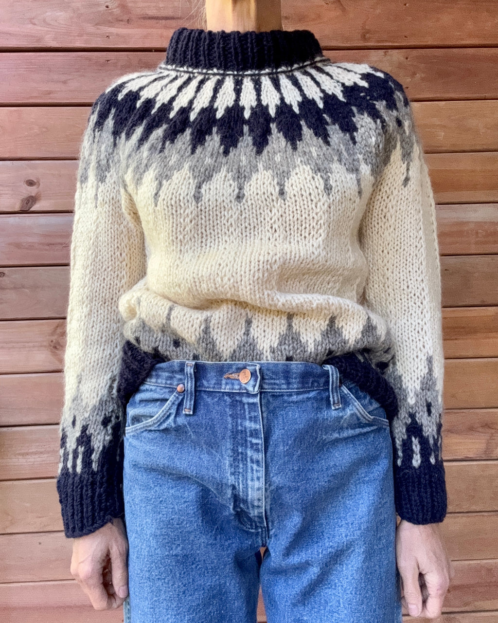 Vintage Icelandic Fair Isle Handknit Cream Navy and Gray Wool Knit Sweater