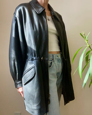Vintage DANIER 1990s Black Leather Zip Front Jacket With Waist Drawcord and Back Storm Flap