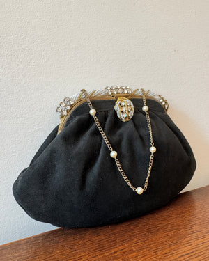 Antique Vintage 1930s French Black Suede with Seed Pearl Beads and Rhinestones Evening Pouch Purse Wristlet Bag with Chain and Pearl Strap