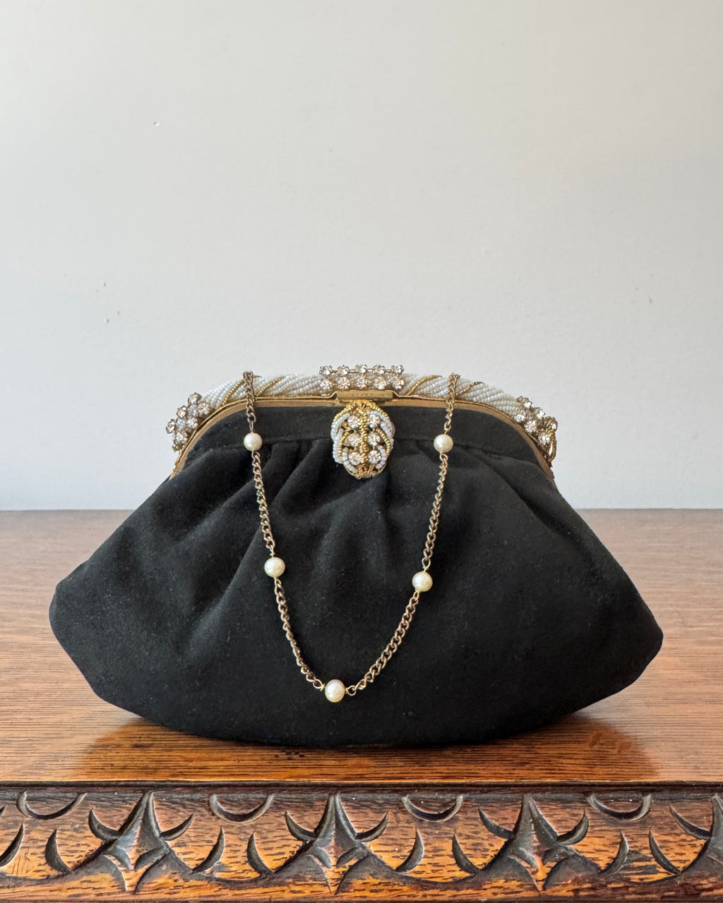 Antique Vintage 1930s French Black Suede with Seed Pearl Beads and Rhinestones Evening Pouch Purse Wristlet Bag with Chain and Pearl Strap
