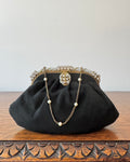 Antique Vintage 1930s French Black Suede with Seed Pearl Beads and Rhinestones Evening Pouch Purse Wristlet Bag with Chain and Pearl Strap