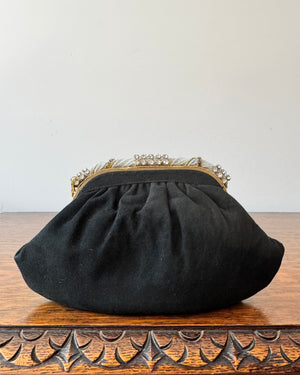 Antique Vintage 1930s French Black Suede with Seed Pearl Beads and Rhinestones Evening Pouch Purse Wristlet Bag with Chain and Pearl Strap