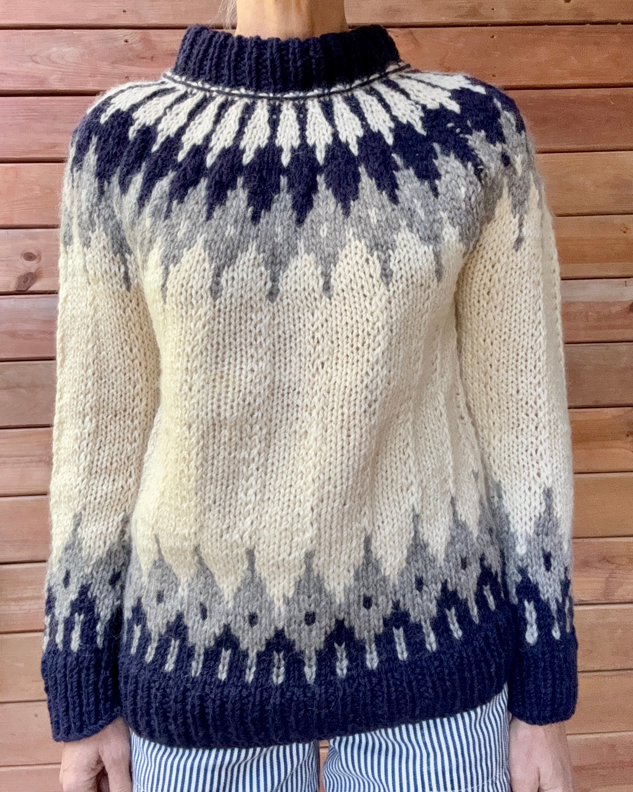 Vintage Icelandic Fair Isle Handknit Cream Navy and Gray Wool Knit Sweater